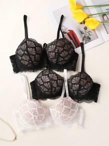 3pcs/Set Lace Padded Women's Bra Set, Lingerie - Black and White - View 5