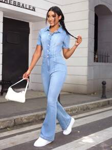 SHEIN EZwear Bộ đồ liền thân denim ống loe ôm vừa vặn mùa hè cho nữ - Rửa nhẹ - Xem 3