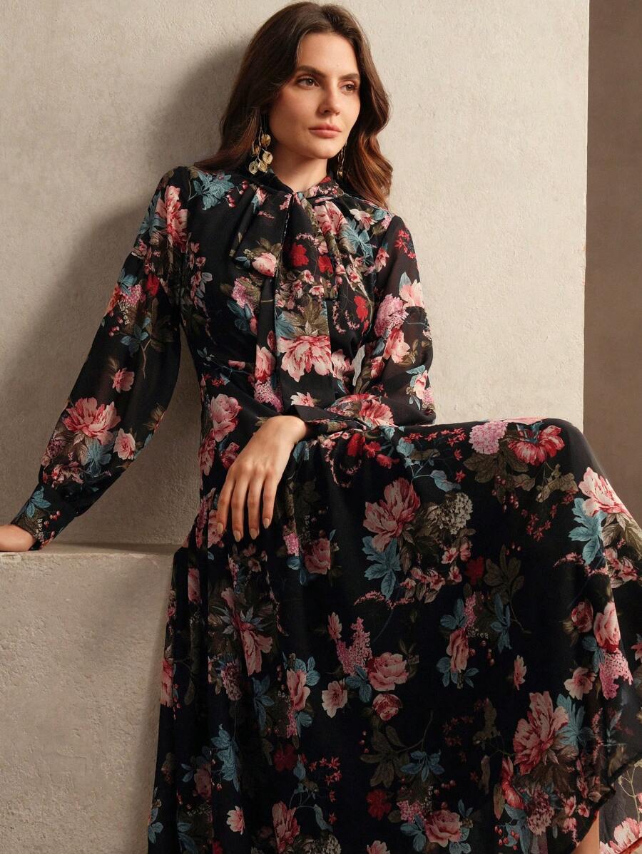 Anewsta Women Fall Gloomy Style Floral Print Dress Maxi Women Outfit - Multicolor - View 1