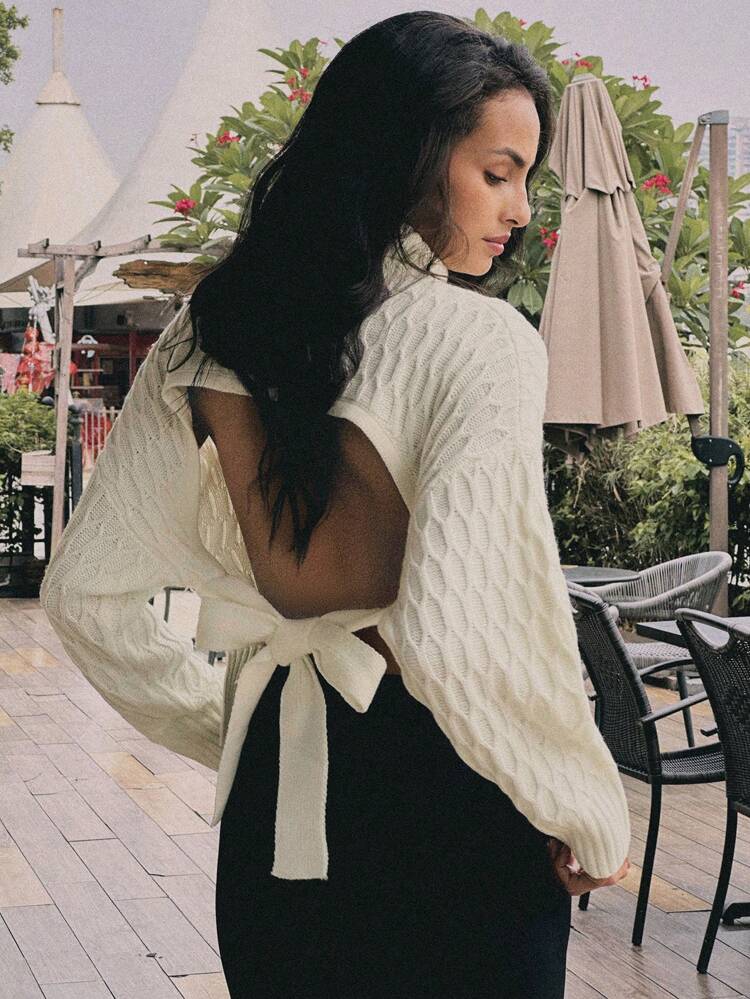 Suéter de cuello alto sexy con espalda descubierta y lazo, de unicolor y diseño minimalista, de punto, para otoño e invierno