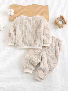 Cozy Pixies 2 件装男婴可爱熊图案双面羊毛圆领插肩运动衫和慢跑裤套装 - 米色 - 查看 2