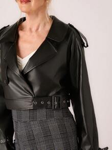 SHEIN LUNE Women's Fashionable Cropped Motorcycle Jacket, Autumn - Black - View 7