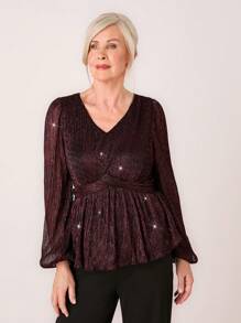 SHEIN LUNE 秋季女士酒红色优雅派对 V 领灯笼袖衬衫 - 彩色 - 查看 6