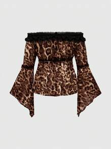ROMWE Hippie Blusa in chiffon a spalle scoperte con stampa leopardata metallizzata, maniche a campana asimmetriche in rete, modello vintage per donne - Castano - Visualizzare 2