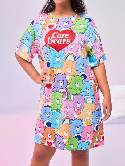 SHEIN X Care Bears Plus Size Cute & Colorful Stacked Heart & Bear Print Short Sleeve Nightgown, Y2K Style