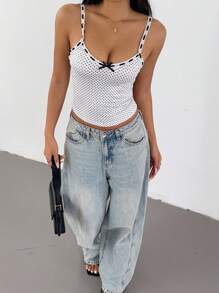 SHEIN SXY 圆点印花休闲无袖上衣，配蝴蝶结装饰