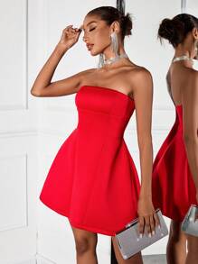 SHEIN SXY Red Summer Elegant Party Women Mini Dress,Tube Top A-Line Formal Prom Wedding Guest,Fall Holiday New Year Eve Outfit Clothes - Red - View 7