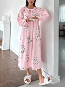 DAZY Cute Dog Pattern Flannel Ruched Design Loose Nightgown