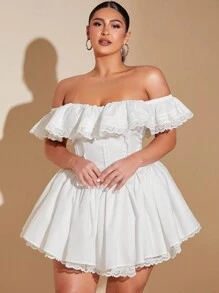 SHEIN BAE 加大码褶皱蕾丝花边露肩优雅褶皱连衣裙白色甜美性感蕾丝花瓣袖纯色褶皱胸围 A 字裙带蕾丝花边女式秋季婚礼宾客礼服返校节礼服优雅早午餐女装，女士生日礼服 - 白色 - 查看 5