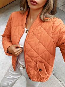 SHEIN LUNE Women's Zip-Up Diamond Pattern Textured Long Sleeve Pocket Casual Everyday Popular Jacket Fall Winter Cloth For Women - Coral Orange - View 5