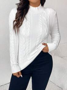 SHEIN Frenchy Áo len cổ lọ dáng ôm vừa vặn có họa tiết thường ngày cỡ lớn, dành cho mùa đông - trắng - Xem 3