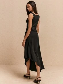 Poéselle Robe midi évasée sans manches à col ras-du-cou unie pour femmes, vêtement chic et essentiel sans effort, élégante Bridgerton