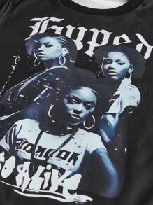 SHEIN 2 件套 Tween 女童时尚肖像图案运动衫和工装裤套装 - 黑色 - 查看 9