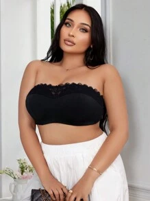 SHEIN Sutien de mărime Plus și sutien fără fir, minimalist și romantic, patchwork din dantelă, fără bretele, confortabil, anti-alunecare - Negru - Vizualizare 1