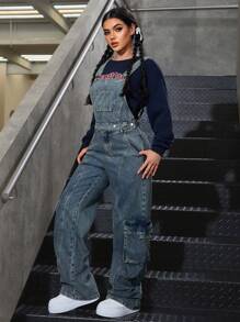 SHEIN EZwear 女士宽松工装口袋直筒工装裤牛仔连体裤 - 藍色 - 查看 5