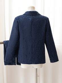 SHEIN 2 件套 Tween 男童蓝色缎面花卉印花西装外套、背心和裤子套装，适合春季、秋季、冬季，适合婚礼、生日派对、万圣节派对、学校活动 - 藍色 - 查看 2