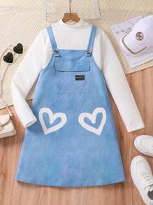 SHEIN Váy thường ngày in hình trái tim cho bé gái tuổi mới lớn, mùa thu - Màu xanh lam - Xem 1