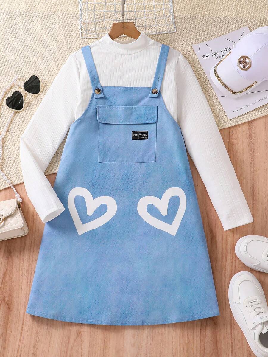 SHEIN Váy thường ngày in hình trái tim cho bé gái tuổi mới lớn, mùa thu - Màu xanh lam - Xem 1