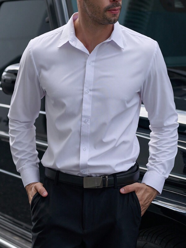 Manfinity Bizformal Cămașă pentru bărbați, cu mânecă lungă, cu nasturi, formală pentru navetiști, cu guler elegant, pentru mine și tata, bărbați cu bani vechi, serviciu, cămașă albă pentru bărbați Cămașă albă pentru bărbați Cămașă albă pentru cămașa lui Menmen