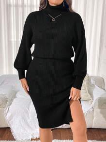 Calvaya Plus Size Women's Solid Color Dropped Shoulder Long Sleeve Fashionable Sexy High Neck Fitted Sweater Dress, Autumn/Winter