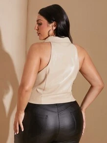 SHEIN BAE Áo vest Blazer thời trang màu mơ thanh lịch, chất liệu da PU co giãn cỡ lớn dành cho nữ, mùa thu đông - Màu be - Xem 2