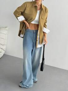 SHEIN Unity Women's Casual Stripe Patchwork 2 In 1 Jacket - Khaki - View 3