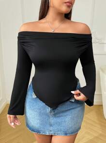 SHEIN EZwear Plus Size Women Spring Summer Solid Asymmetrical Hem Casual Off Shoulder T-Shirt Top