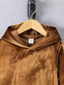 2 件套年轻男孩纯色长袖连帽衫，带口袋和裤子，休闲装 - 棕色 - 查看 3