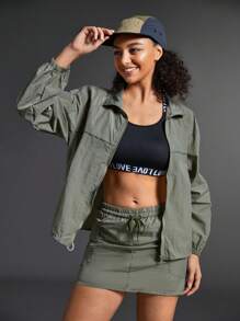 Exploreva 2 件套女士夏季休闲领口轻便宽松服装 - 绿色风衣夹克和裙子套装