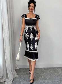 Firerie 女士优雅假日休闲印花方领荷叶边下摆紧身中长连衣裙，夏季