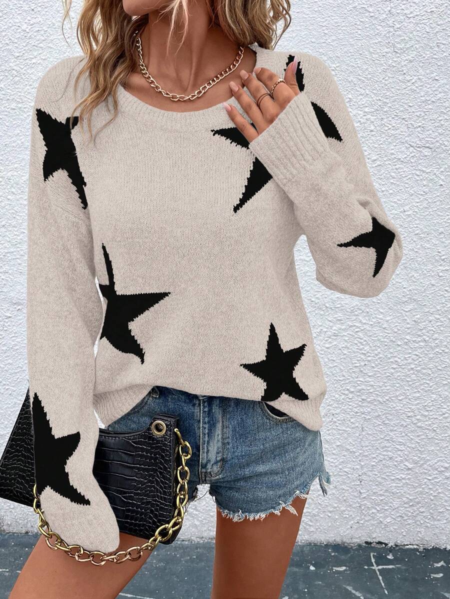 EMERY ROSE Women's Crew Neck Long Sleeve Five-Pointed Star Print Fashionable Soft & Elegant Sweater Knit Pullover Fall Winter Outfit - Dusty Pink - View 1