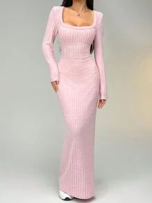 SHEIN EZwear Women's Solid Color Simple Long Sleeve Knitted Dress - Pink - View 4
