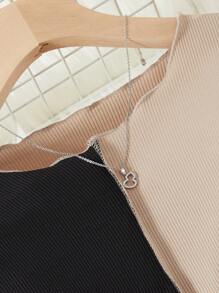 SHEIN 2 件套青少年女孩撞色圆领长袖 T 恤和工装裤休闲装，春夏 - 黑色 - 查看 4