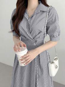 INAWLY 女式夏季休闲条纹腰中长连衣裙