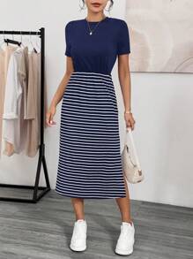 SHEIN Essnce 女士夏季休闲连衣裙拼色条纹修身连衣裙带侧开衩中长款女士连衣裙基本款 T 恤连衣裙夏季女装条纹连衣裙