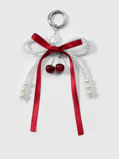 Kawaii 1 pezzo Portachiavi/Charm per borsa in stile coreano dolce e semplice, fatto a mano con perle finte bianche e fiocco rosso, decorato con ciocca di ciliegia finta, adatto per ragazze e donne, regalo di San Valentino