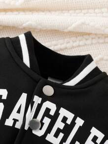 SHEIN 2 件装女婴字母印花长袖休闲棒球夹克和百褶裙套装，春季/秋季 - 黑色 - 查看 4