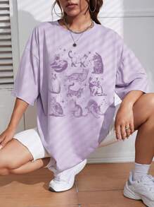 INAWLY 宽松猫咪印花 T 恤，复古猫咪图案 T 恤，舒适彩色 T 恤，送给猫咪爱好者的礼物图案 T 恤女式上衣 - 淡紫色 - 查看 5
