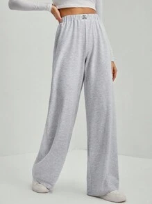 SHEIN Tall 女士休闲贴花阔腿宽松运动裤 - 灰色 - 查看 4