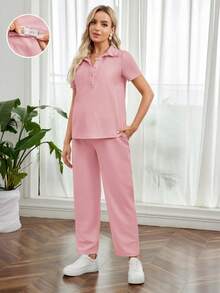 SHEIN 2 bộ đồ bà bầu mặc đi làm thường ngày cổ áo polo cài nút phía trước tay ngắn có thể điều chỉnh eo vừa vặn thoải mái cho bà bầu - Màu Hồng baby - Xem 4
