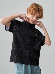 SHEIN 孩童男孩針織字母和印花圖案休閒POLO衫，帶翻領 - 黑色 - 查看 5