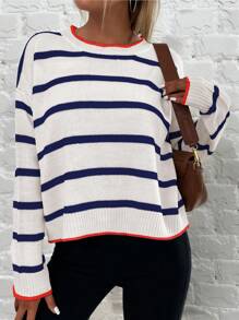 Chiquease 女士撞色拼接圆领长袖条纹简约休闲毛衣，针织套头衫，秋冬款 - 藏蓝色 - 查看 4