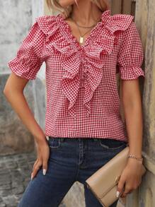 SHEIN LUNE Camicia casual a quadri con scollo a V con volant