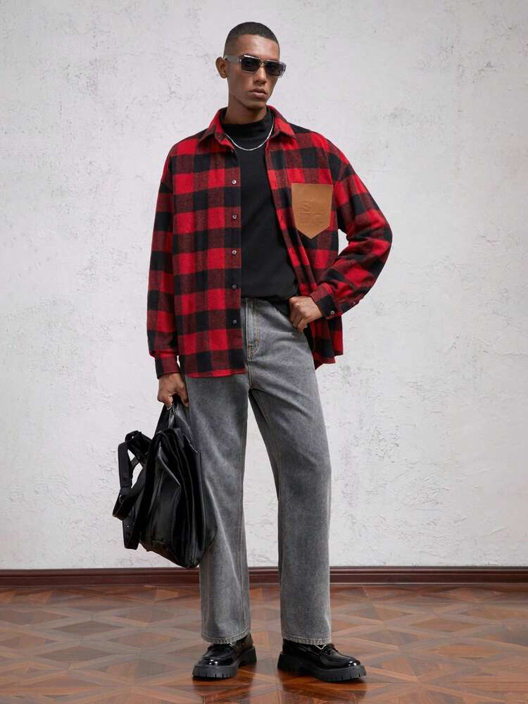 Men's Woven Plaid Slim Fit Stand Collar Long Sleeve Casual Shirt, Suitable For Autumn