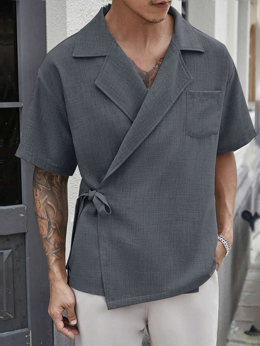 Manfinity Homme Men's Linen-Like Breathable Dual-Tone Collared Tie-Waist Shirt - Grey - View 1