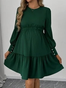 SHEIN Maternity Round Neck Long Sleeve Button Pleated Short Dress - Dark Green - View 5