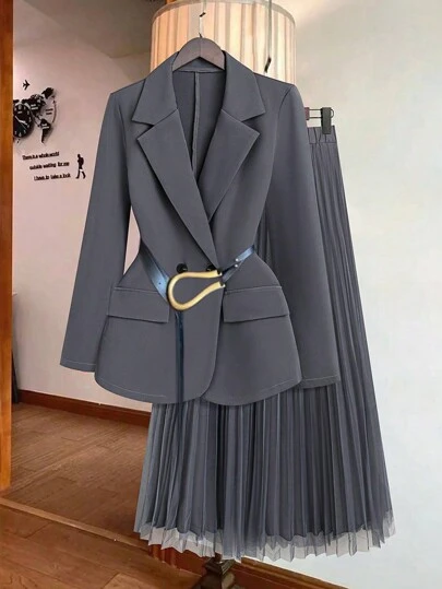 Franclia 女式优雅纯色双排扣西装外套搭配网眼褶皱裙套装，春夏