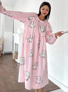 DAZY Cute Dog Pattern Flannel Ruched Design Loose Nightgown