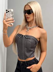 SHEIN SXY 水洗灰色 PU 摩托车短款背心 - 灰色 - 查看 4