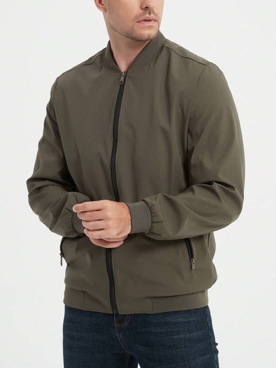 Manfinity Homme Áo khoác bomber màu trơn cho nam mặc thường ngày, quần áo mùa thu, mùa thu cho nam, áo khoác mùa đông cho nam, áo khoác ấm - màu xanh lá - Xem 1